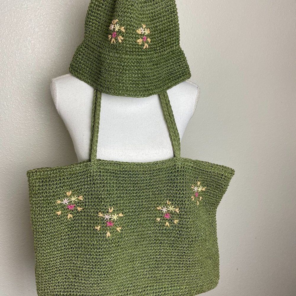 Set of 2 Wicker Tote Green Bag + Sun Hat Panama